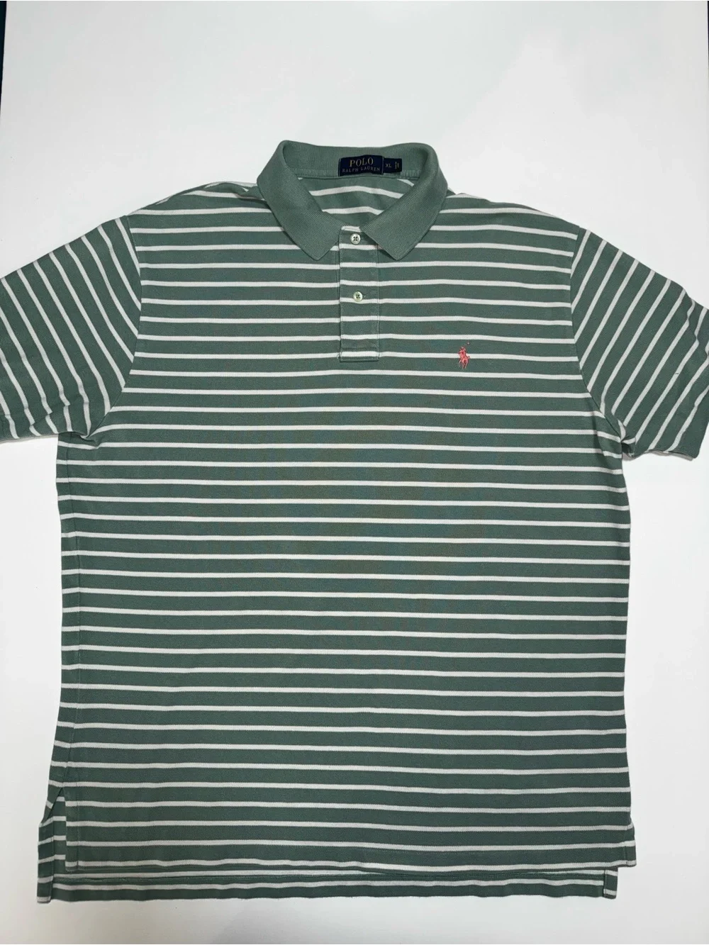 Ralph Lauren Green and White Striped Polo with Pink Pony, XL